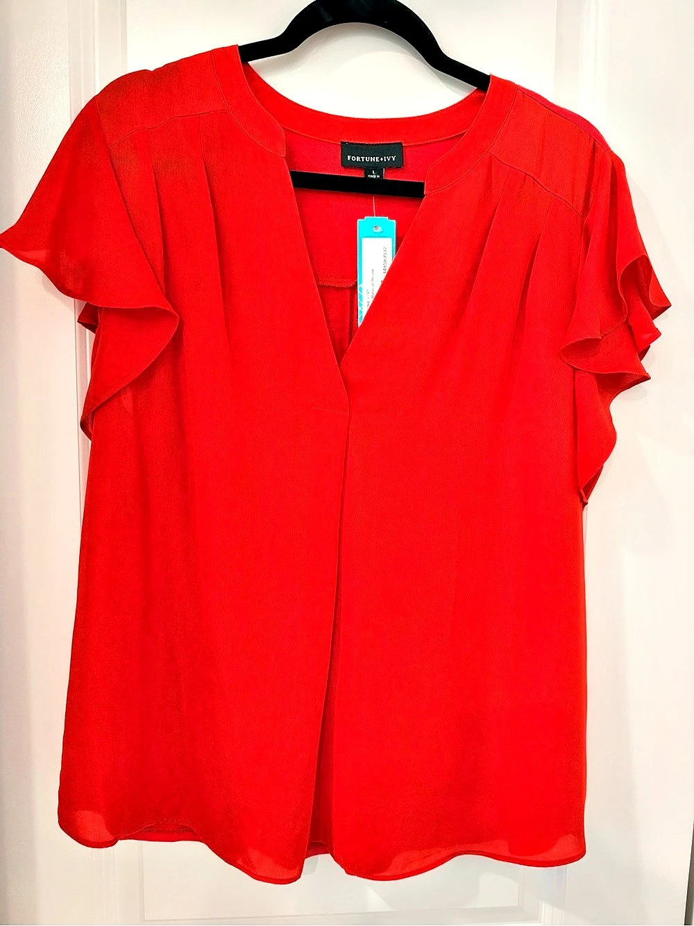 Fortune + Ivy Meli Mixed Material Blouse Ruffle Sleeve Orange Large